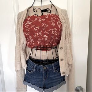 Red floral chiffon crop top